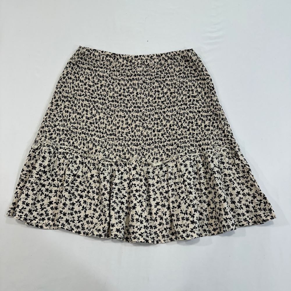 Joyous Floral Smocked Mini Skirt‎ Women Size S Cream Black Ruffle | Cottagecore